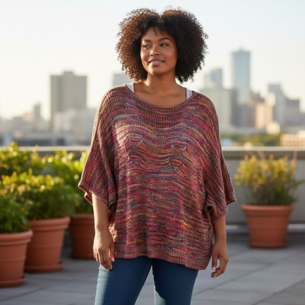 Est 1962 Womens Sweater Sz L Light Knit Red Multi Oversized Half Sleeve Top Boho